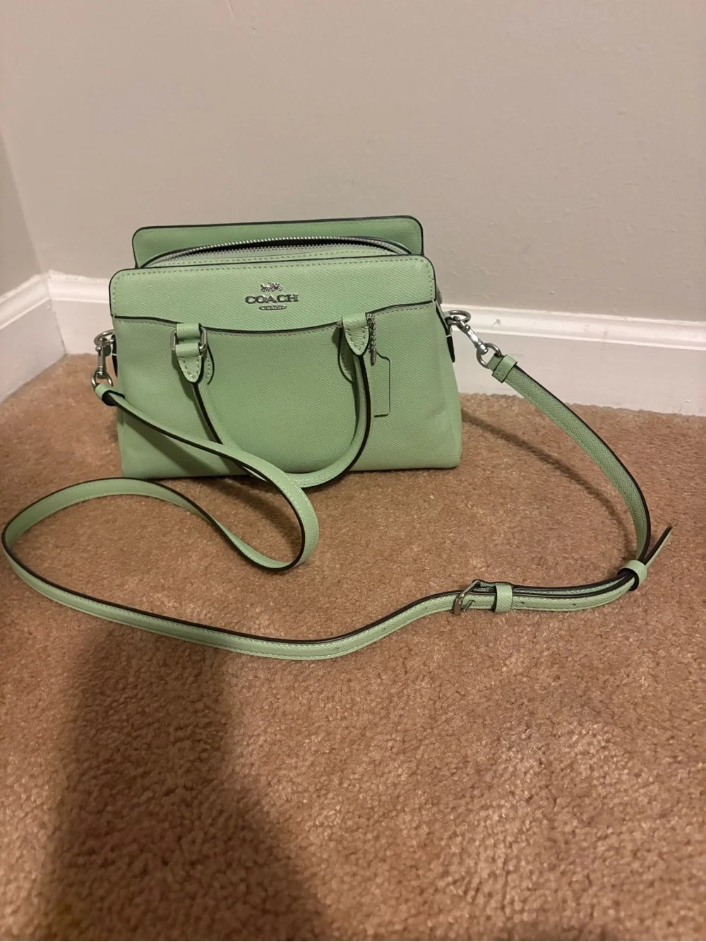 COACH Darcie Mint Green Leather Satchel with Crossbody Strap